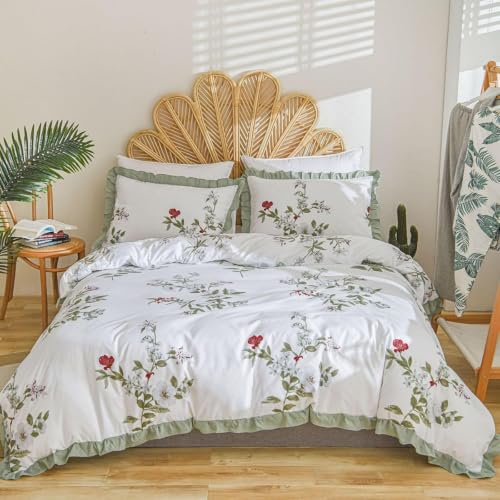 Freyamy Mädchen Bettwäsche 135x200 Blumen Bunt Floral Rüschen BettwäscheSet – Ansicht 1