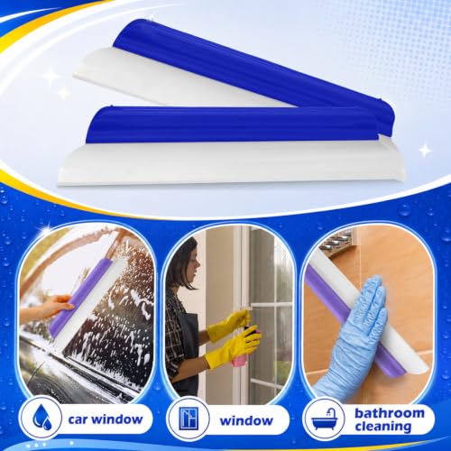 Image of 4 Pack 14 Inch Car Drying Squeegee Blue Silicone Window Blade | Flexible Silicone for Drying Windshield Shower Glass, Bathroom Window Cleaner, T-bar Design, Long Handle Wash Tool