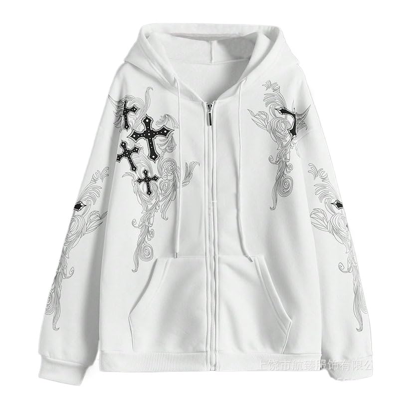 Obenie Women Men Y2K Zip Up Oversized Hoodie Gothic cross Graphic Emo Grunge Baggy Fleece Jacket 90s Punk Streetwear (white,M,Medium)