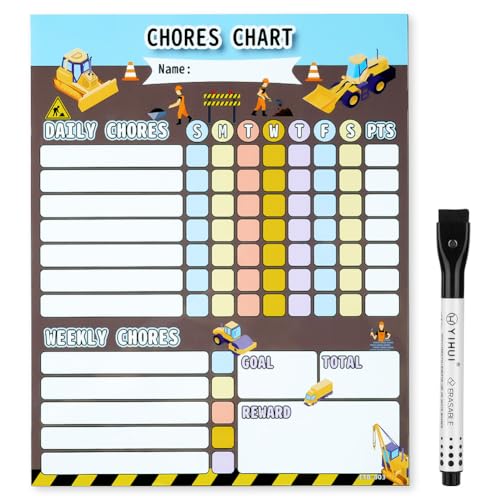 OFFCUP Gráfico Magnético de Tareas, Vehículo de Ingeniería Tabla de Recompensas de Borrado con 1pcs Marcadores Magnéticos de Borrado en Seco, Gráfico Comportamiento para Niños en Casa, para Niños
