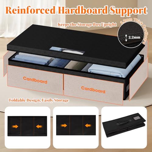 Image of StoreHappily Under Bed Storage Containers with Lids - 2 Pack, Foldable and Stackable Clothes Storage Bags with Clear Window, 3-Sided Handles and Label Slot for Clothing, Blankets, Pillows (Black)