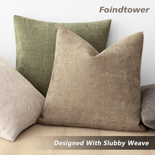 Image of Foindtower Pack of 2 Textured Chenille Throw Decorative Pillow Covers Square Accent Solid Cushion Cover Neutral Farmhouse Pillow Case for Couch Sofa Bedroom Living Room 20x20 Inch,Taupe Khaki Camel