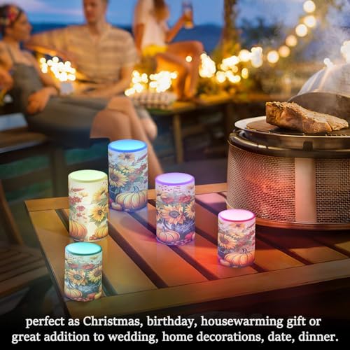 Image of Flickering Flameless Candles, Sunflowers Pumpkins Autumn Thanksgiving LED Candles with Remote Timer, Set of 2 Battery Operated Candle for Valentine Wedding Birthday