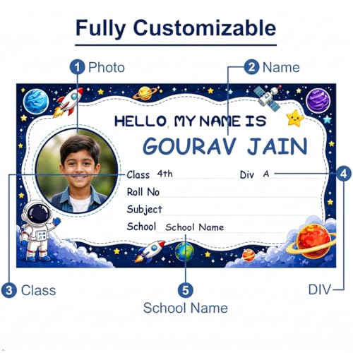 Image of Personalized School Name Labels for Kids with Photo | Waterproof Custom Sticker Set for NoteBooks | Self Adhesive Vinyl with Child Name, Class, Division | 3.5 x 2 Inches | 30 PCS (BDS-1)