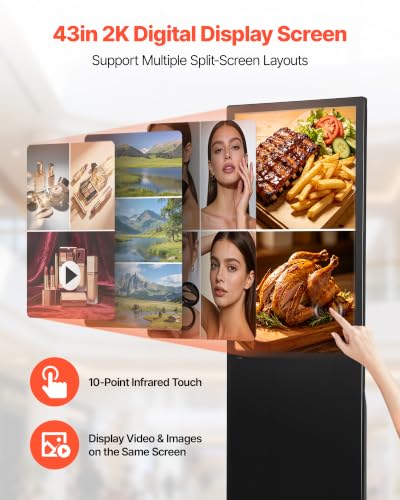 Image of VEVOR 43 in Indoor Digital Signage Floor Standing Advertising Display Kiosk, WiFi HDMI /USB Input Android OS, 178 Wide View, LCD Touchscreen Interactive Monitor, Mobile Commercial Totem Poster