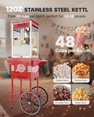 Image of 12 oz Commercial Popcorn Machine Cart with Candy Dispenser, Pop Corn Machine Maker Makes Up to 48 Cups, Movie Theater Popcorn Machine with 3-Switch Control&Stainless-Steel Kettle, Red