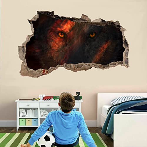 Animals Wall Decal 3D Smashed Art Decor Wolf's Eyes Wall Tattoo Art Vinyl Wall Stickers Abstract For Girls Kids Bedroom Nursery Living Room Sticker Mural Home Gift 46"W X 28"H #TOP3