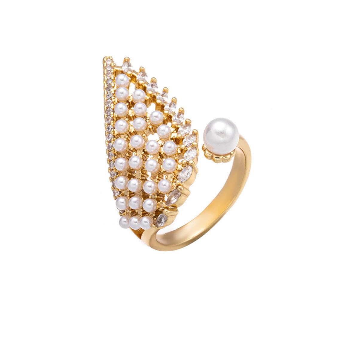AmuerPearl Ring for Women,Vintage Faux Pearl Ring Metal Ring,Angel Wings Rings Statement Wedding Ring,Adjustable Open Pearl Full Finger Ring Trendy Personality Pearl Statement Jewelry for Women Girls
