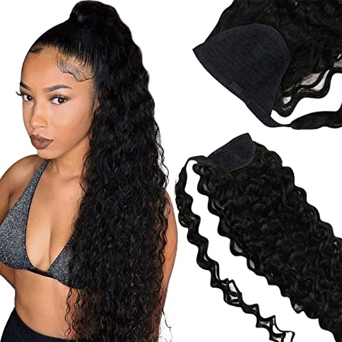 Sunny Black Human Hair Ponytail 18 inch Curly Ponytail Extensions Brazilian Hair Black Natural Wavy Clip in Ponytail Hair #1B Natural Black Clip in Extensions 80g/set