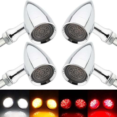 Image of TSUNG Universal Motorcycle LED Turn Signals Lights Small Bullet Front Rear Blinkers Tail Lights for Cruiser Chopper Bobber Cafe Racer Street Bike (4PCS-Chrome)
