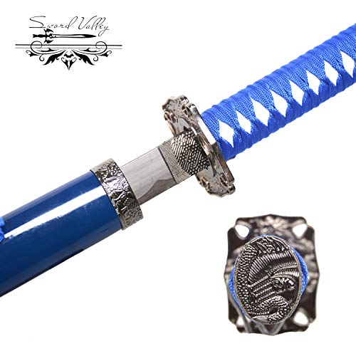 Sword Valley Loong Pattern Knife Three-piece Suit - Samurai Sword with Display Rack - 36.8"+27.6"+18.1" - Blade Made Carbon Steel - Handmade Katana - Suitable for Collection (Blue) by Sword Valley - Image 4