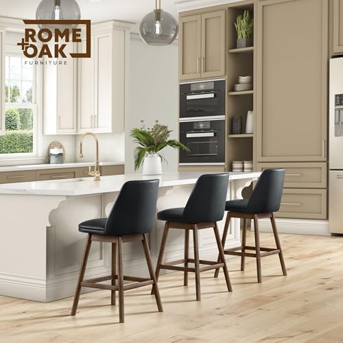Image of Rowan 26 inch Swivel Counter Height Stool in Walnut Finish with Black Vegan Leather Upholstery Seat - Kitchen or Dining Room Furniture, Set of 2