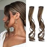 REECHO Long Side Air Bangs, Wavy Curly Clip in Curtain Bangs Front Side Bangs Face-Framing Highlights for Women Daily Use 2 PCS Set Long Temples-Chocolate Brown with Highlights