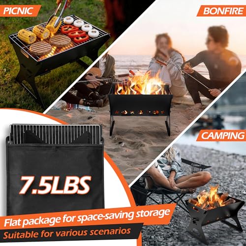 Image of Portable Camping Grill, HaSteeL Mini Campfire Grill with Grate & Carry Bag, Heavy-duty BBQ Outdoor Fire Pit for Camping Backyard, Bonfire, Patio, Easy Assembly