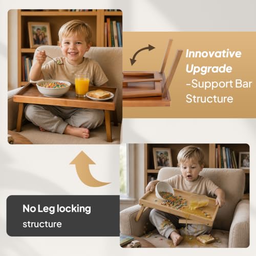 Image of Bamboo Bed Table Tray with Support Bar and Foldable Legs, Breakfast Food Trays Table for Bed Sofa Eating and Laptops, TV Lap Tray Table on Couch (Applied for Invention Patent)