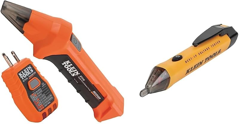 Klein Tools ET310 Buscador de disyuntores de CA con probador de salida GFCI integrado y probador de voltaje NCVT1P, bolígrafo detector de voltaje sin contacto, 50 V a 1000 V CA, alarmas LED audibles e intermitentes, clip de bolsillo