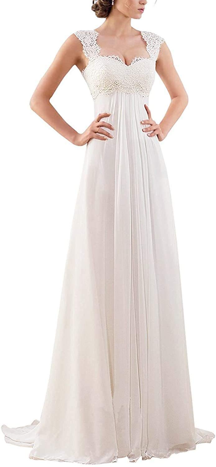 Lungo Elegante Chiffon Pizzo Abiti da Sera Abiti da Sposa Senza Maniche, Avorio, 50