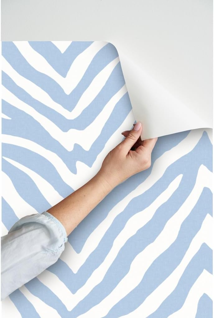 Peel & Stick Wallpaper Swatch - Ligh Blue Zebra Stripe Large Scale Animal Print Tropical Custom Removable Wallpaper by Spoonflower