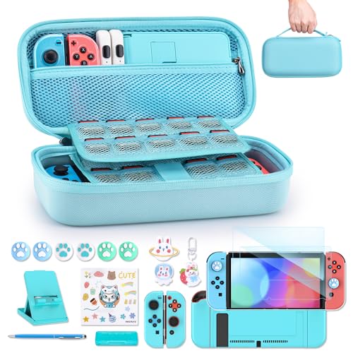 innoAura Funda para NS Switch Accesorios NS Switch 18 en 1 con Carcasa de Transporte de Switch, Carcasa de Videojuegos de Switch, Protector de Pantalla de Switch, Soporte de Switch,Thumb Grips(Azul)