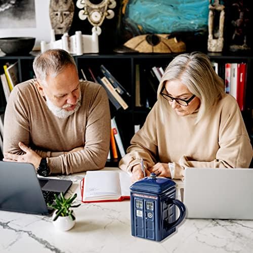 ZONSUSE Doctor Who Tardis Police Box Ceramic Mug Cup with Lid,Square Shaped Ceramic Coffee Mug,Holds 450ML of Your Favorite Coffee, Tea, Or Other Drink, Funny Creative Gift Kids Men