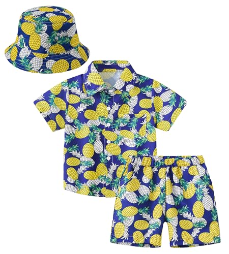Happy Cherry Set Camicia e Pantaloncini per Bambini Ragazzi 3pz Completi Hawaiani Manica Corta Maglietta Estiva + Pantaloncini + Cappello da Pescatore Outfit 11-12 Anni Ananas Blu