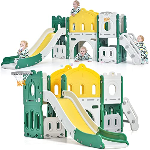 Image of Merax 6-in-1 Kids Slide with Climber, Basketball Hoop, Tunnel and Storage Space, Outdoor Indoor Slide Playset for Toddlers Age 1-12