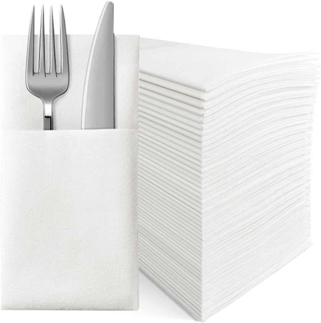 100 White Linen Feel Disposable Napkins with Integrated Cutlery Pocket Suitable for Party Wedding Dinner