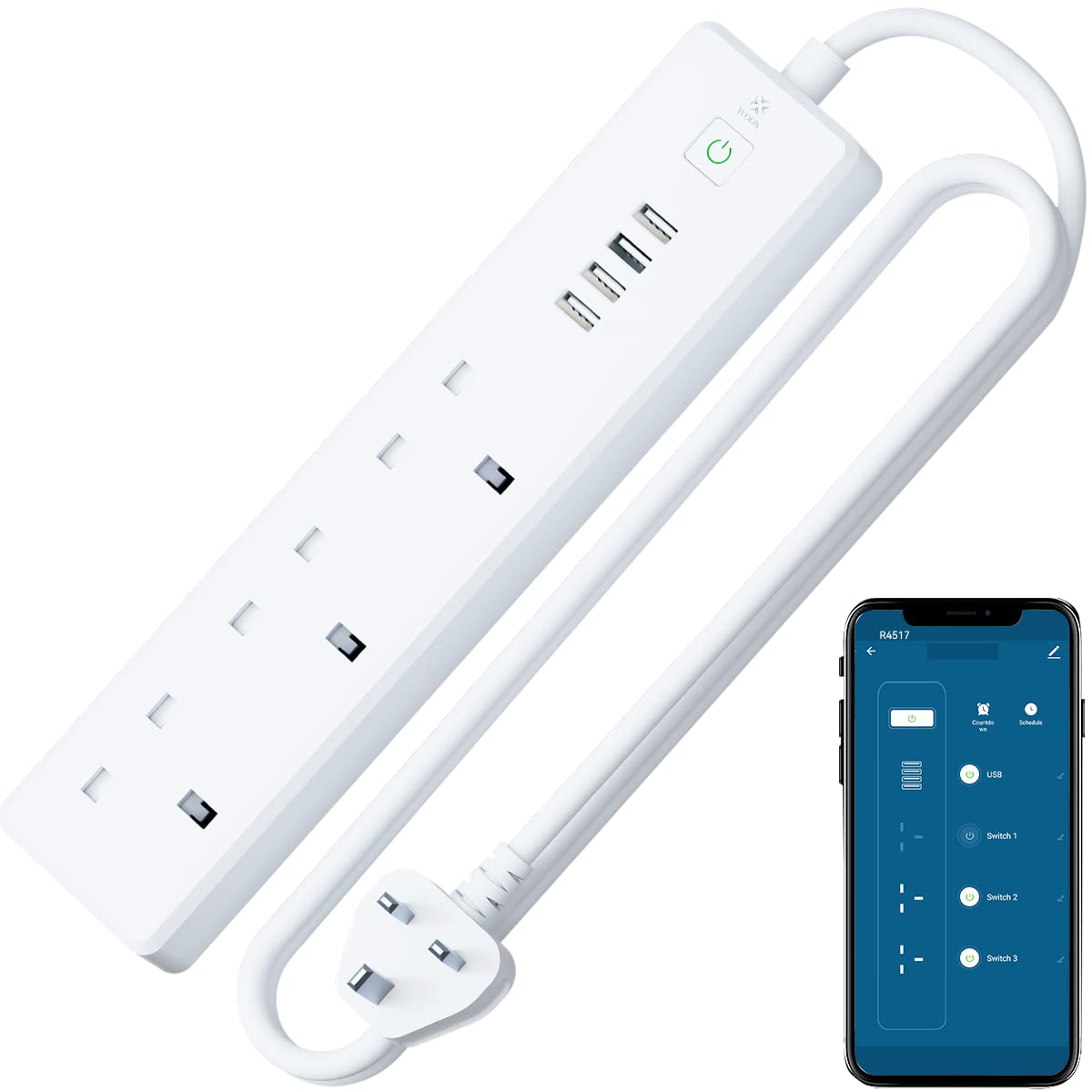 WooxSmart Power Strip, 3 Plug Outlets & 4 USB Ports, Alexa & Google Home Compatible, Voice Control, App & WiFi Controlled, Surge Protection