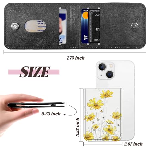 BWEGRHE Adhesive Phone Sleeve, Wallet Stick On Phone PU Leather Credit ID Card Holder RFID Blocking Universally Pocket Cover, Little Wallet Design for Most Smartphones, Yellow Daisy