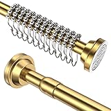 Misounda Barra de cortina de ducha sin taladrar, barra telescópica, barra de sujeción, barra de cortina, fabricada en acero inoxidable 304, 65-115 cm, con 12 ganchos, color dorado