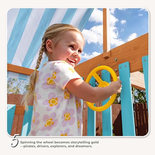 Teamson Kids Wooden Swing Sets for Backyard Outdoor Playset with Slide Rock Wall Trapeze Bar Fireman Pole Pirate Wheel Kids Playground with Swingset Holds 9 Children Ages 3 to 10