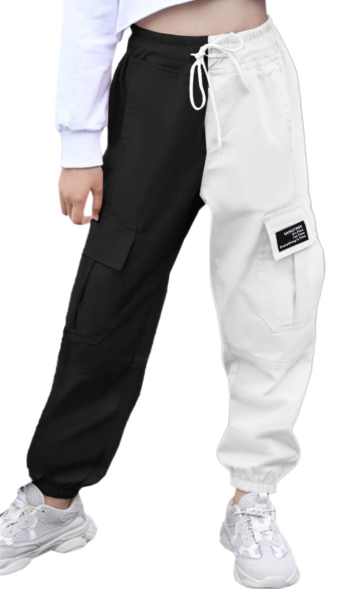 SANGTREE Women's Cargo Pants Elastic Waist Drawstring Tapered Jogger Pants with Pockets,Colorblock-White Black,M
