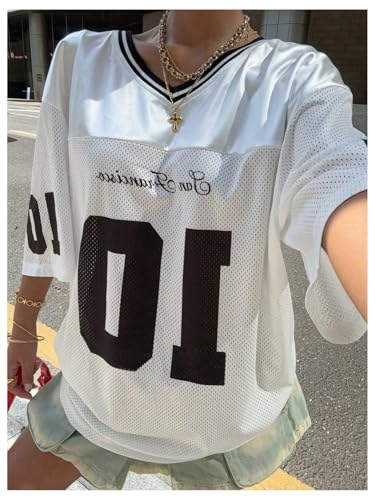 Image of RoseSeek Girl's Oversized T Shirts Letter Number Mesh Jersey Tops Short Sleeve V Neck Drop Shoulder Tees