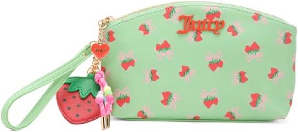 Juicy Couture Retro Sweet Strawberry Print Medium Pouch Wristlet, Green Multi, 8.5x6x3 Inch