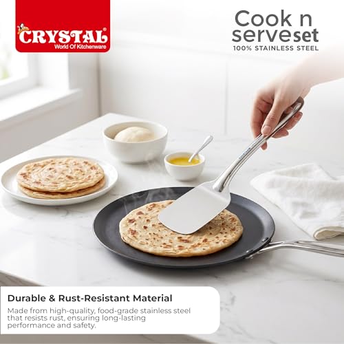 Image of Crystal Stainless Steel Cooking & Serving Spoon Set | 5 Pcs Set | Ladle,Oval Server,Skimmer, Spatula and Stand