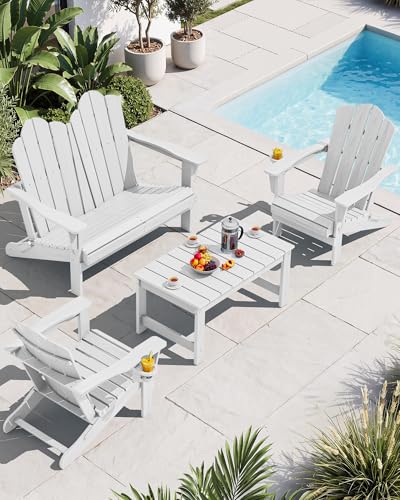 Image of SERWALL 4-Pc HDPE Adirondack Set, 2 Chairs, 1 Bench & 1 Coffee Table, White