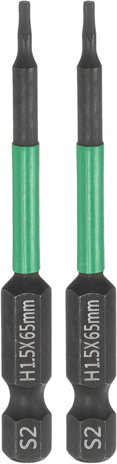 HARFINGTON 2pcs H1.5 Flat Hex Head Screwdriver Bit 1.5mm Metric Tip 1/4" Hex Shank 65mm (2.6") Long Magnetic Hexagonal Screw Drill Bit Wrench Black Phosphate S2 Steel Power Driver Socket