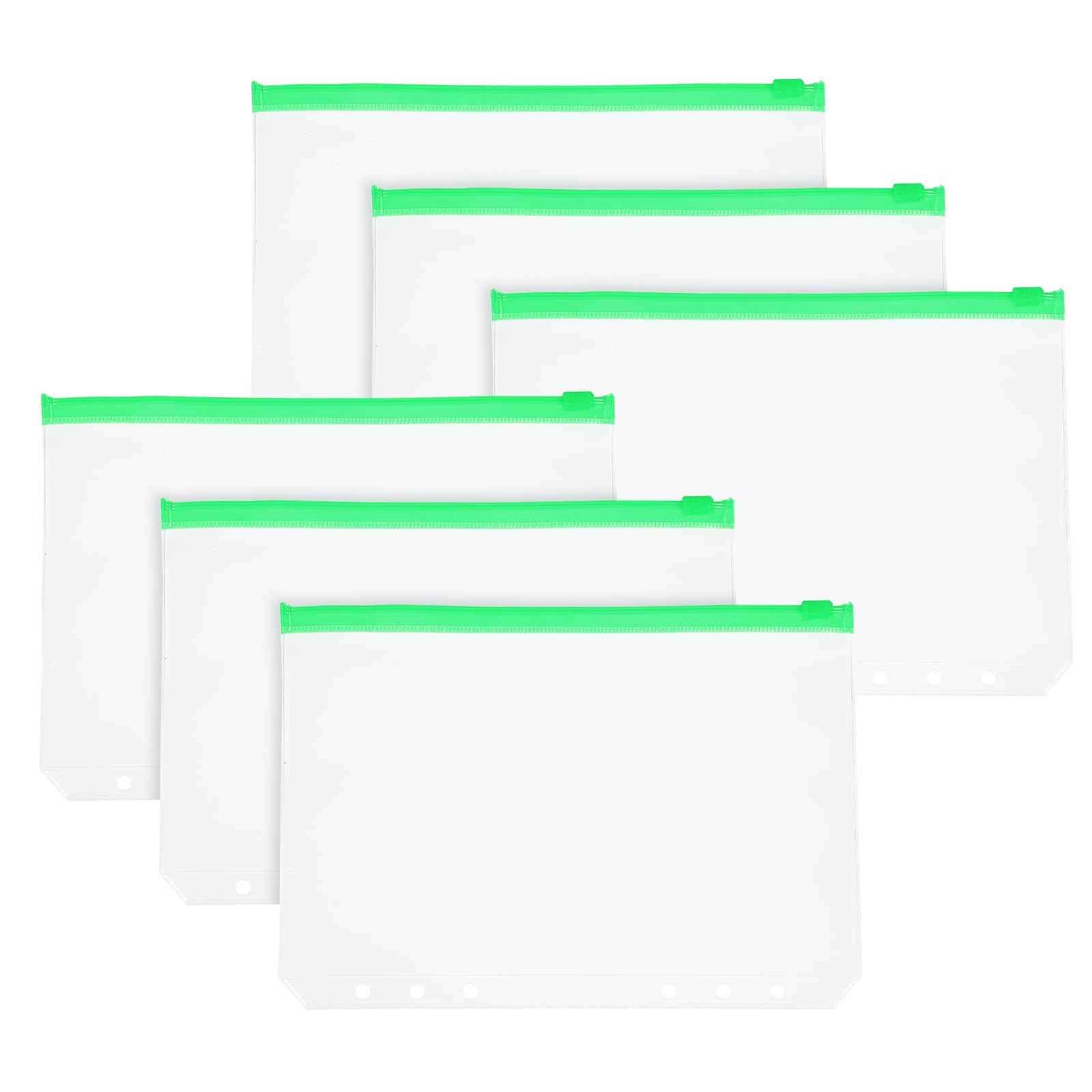 PATIKIL A5 Binder Pocket, 6 Pack 6 Holes Zipper Binder Pouch Budget Stuffing Envelopes Clear Storage Pocket Waterproof for Budget Planning Loose Leaf Bags, Green Zip/Clear Pouch