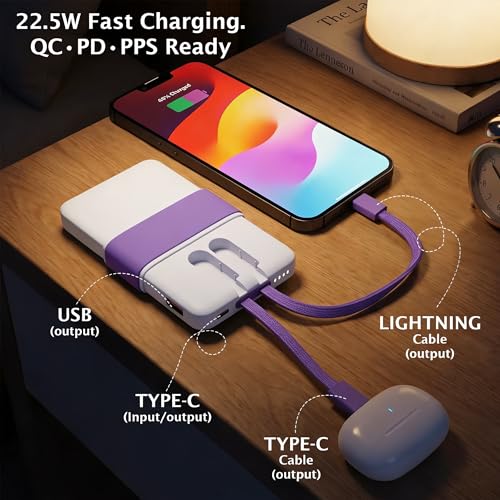 Image of Energizer 10000mAh 22.5W Fast Charging Power Bank, Ultra-Slim Compact Pocket Size, Built-in Type-C Cable, PD + QC, Dual USB-C & USB-A Output | CE & RoHS Approved | 1 Yr Warranty