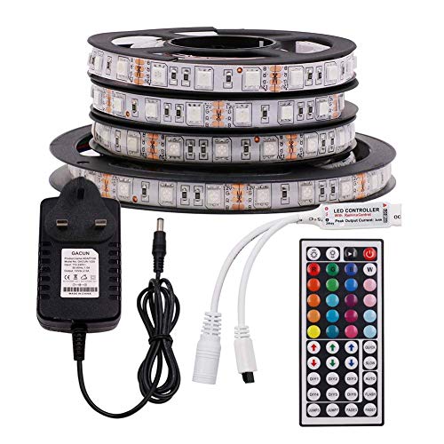 GQL 12V RGB LED Strip Lights, 5050 60LEDs Strips Self Adhesive Tape, 44 Key Remote IR Controller + Power Supply Rope Light Kit-IP21 Waterproof (5m, Not Waterproof)