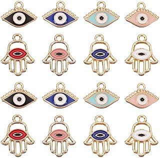 NBEADS 48 Pcs 8 Styles Evil Eye Charms, Light Gold Plated Alloy Enamel Pendants Hamsa Charms Hanging Ornaments for DIY Jewelry Earring Necklace Craft Making