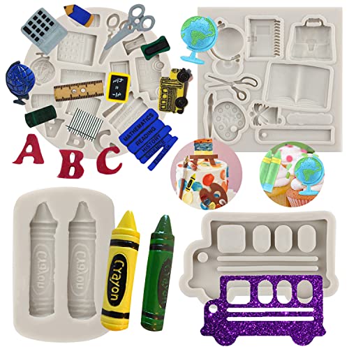 Sijiangmold Volta às aulas moldes de silicone fondant doces ônibus escolar livro tesoura caneta desenho paleta molde de giz de cera para cupcake topo decoração de bolo chocolate doce artesanato pasta