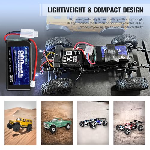 Image of SCX24 Battery 7.4V Lipos 2S 30C(Burst 60C) 900mAh Rechargeable Lithium Battery with PH2.0 Plug Compatible with Most 1 /10, 1 /16, 1 /18, 1 /24 Scale RC Cars Trucks with 1TO2 USB Charger