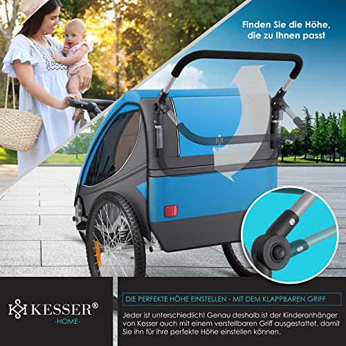 KESSER® Kinderanhänger Fahrradanhänger 360° Drehbar mit Federung 2in1 Joggerfunktion Kinderfahrradanhänger + 5-Punkt Gurt Jogger Fahrrad Anhänger für 1 bis 2 Kinder max. 40kg Inkl. Warnfahne, Blau