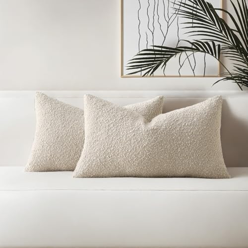 HAUSSY Pack of 2 Boucle Lumbar Throw Pillow Covers 12x20 Inch, Be...