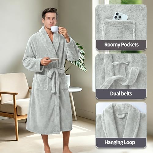 Image of Inner Wish Mens Plush Fleece Robe, Highly Absorbent Cozy Warm Bathrobe Fuzzy Male Spa Long Robe With Pockets