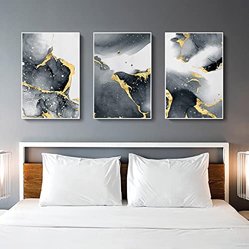 Impression sur toile abstraite moderne dorée noire triptyque mural xxl 70x100 cm