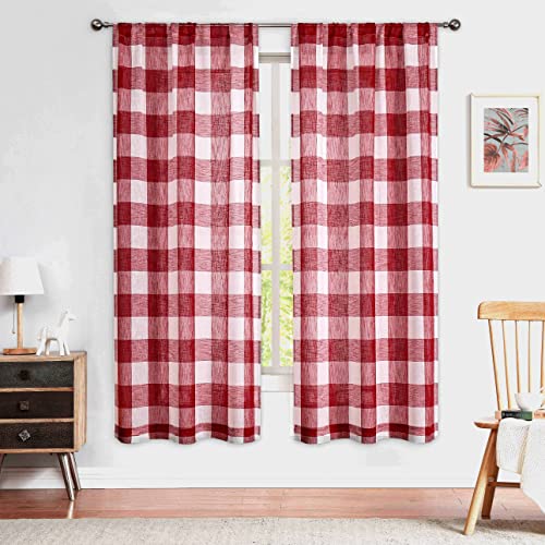 Amzdecor Burgundy Red Buffalo Plaid Sheer Curtains for Bedroom 63 Inch Long