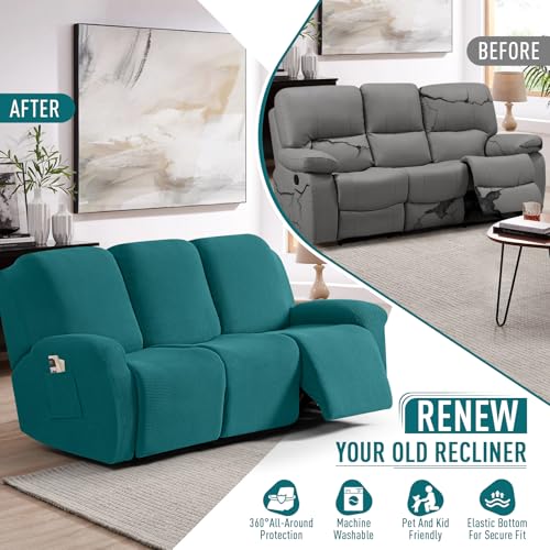 Image of TAOCOCO Recliner Sofa Covers 8-Pieces Stretch Large Couch Covers for 3 Seats Reclining Slipcovers Soft Jacquard Pattern Furniture Protector (Peacock Blue)