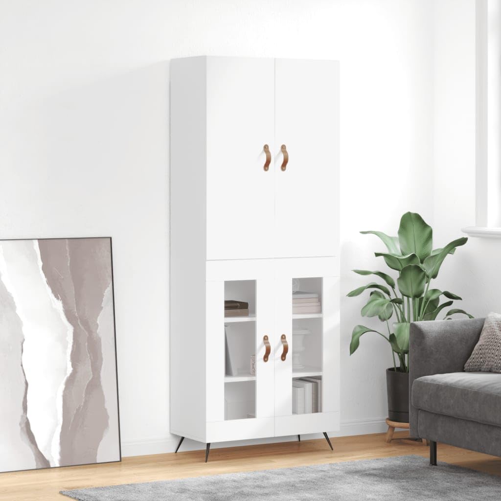 Armadietto alto, bianco, 69,5 x 34 x 180 cm, in legno con piedini in metallo, per soggiorno, corridoio, sala da pranzo, credenza resistente, comò con ante, vano portaoggetti, pratica credenza